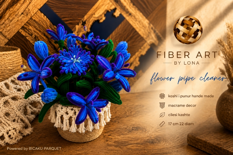 Kosh handmade macrame per lule dekorative , model Violet Bloom,  Kompozimi Dekorativ me Flower Pipe Cleaner dhe Macrame – Fiber Art by Lona