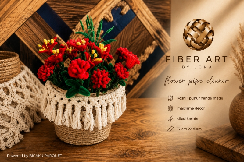 Kosh dekorativ modern model Flower Pipe Cleaner, kompozimi dekorativ, Handmade me Stil Macrame – Fiber Art by Lona